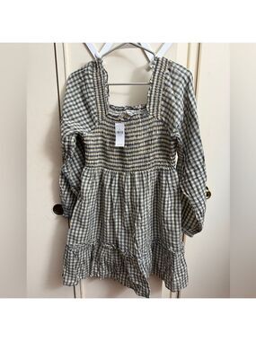 AE Plaid Ruched Long-Sleeve Checked Ruffle Smocked Mini Dress Size M Tall NWT